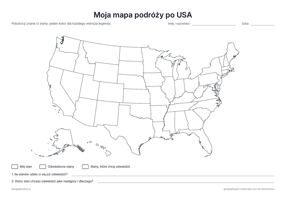 Podgląd karty pracy do druku „Moja mapa podróży po USA”: Pokoloruj swój stan, stany, które udało ci się odwiedzić, i te, które chcesz odwiedzić, a potem odpowiedz na dwa pytania