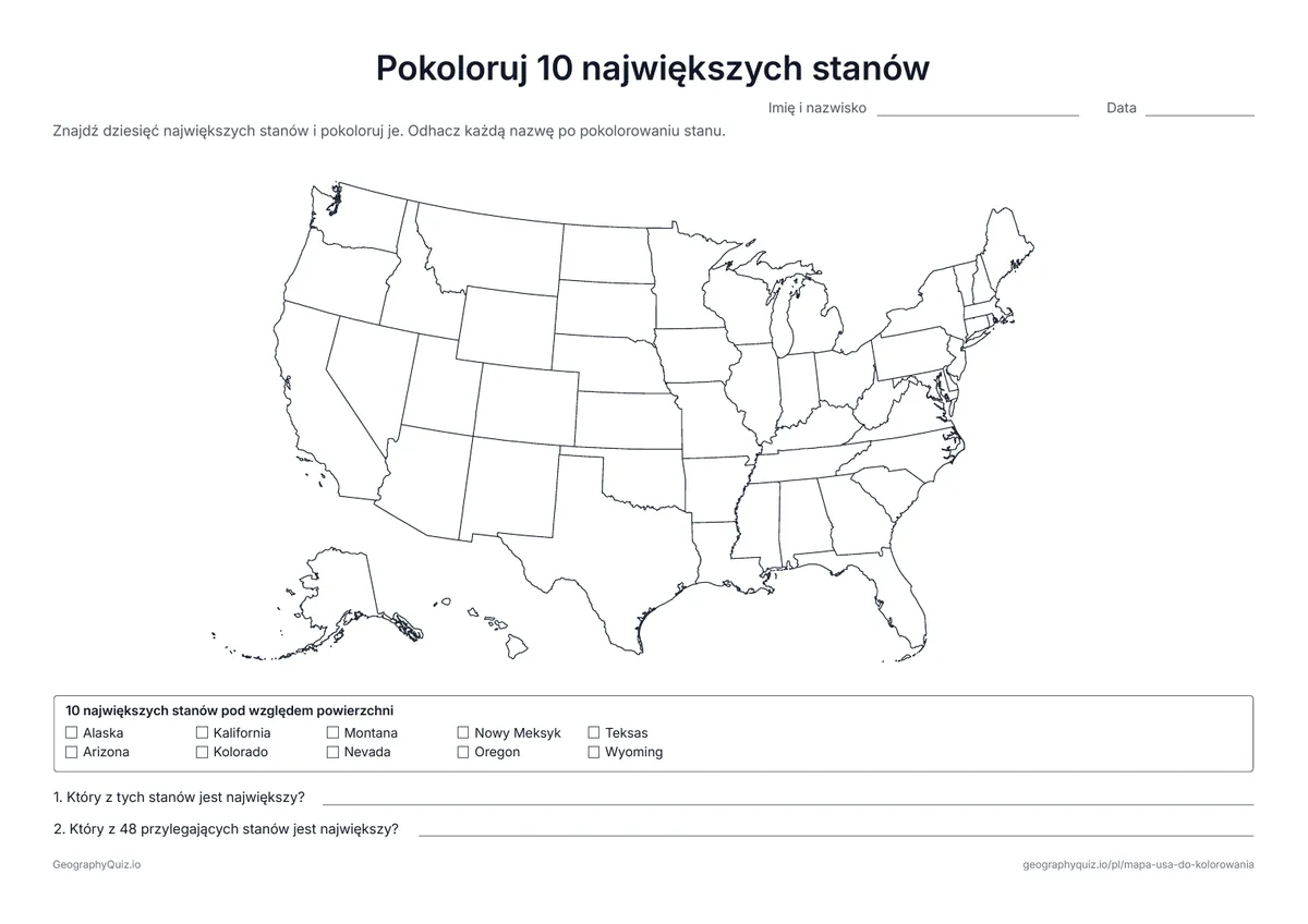 Podgląd karty pracy do druku „Pokoloruj 10 największych stanów”: Lista dziesięciu stanów o największej powierzchni