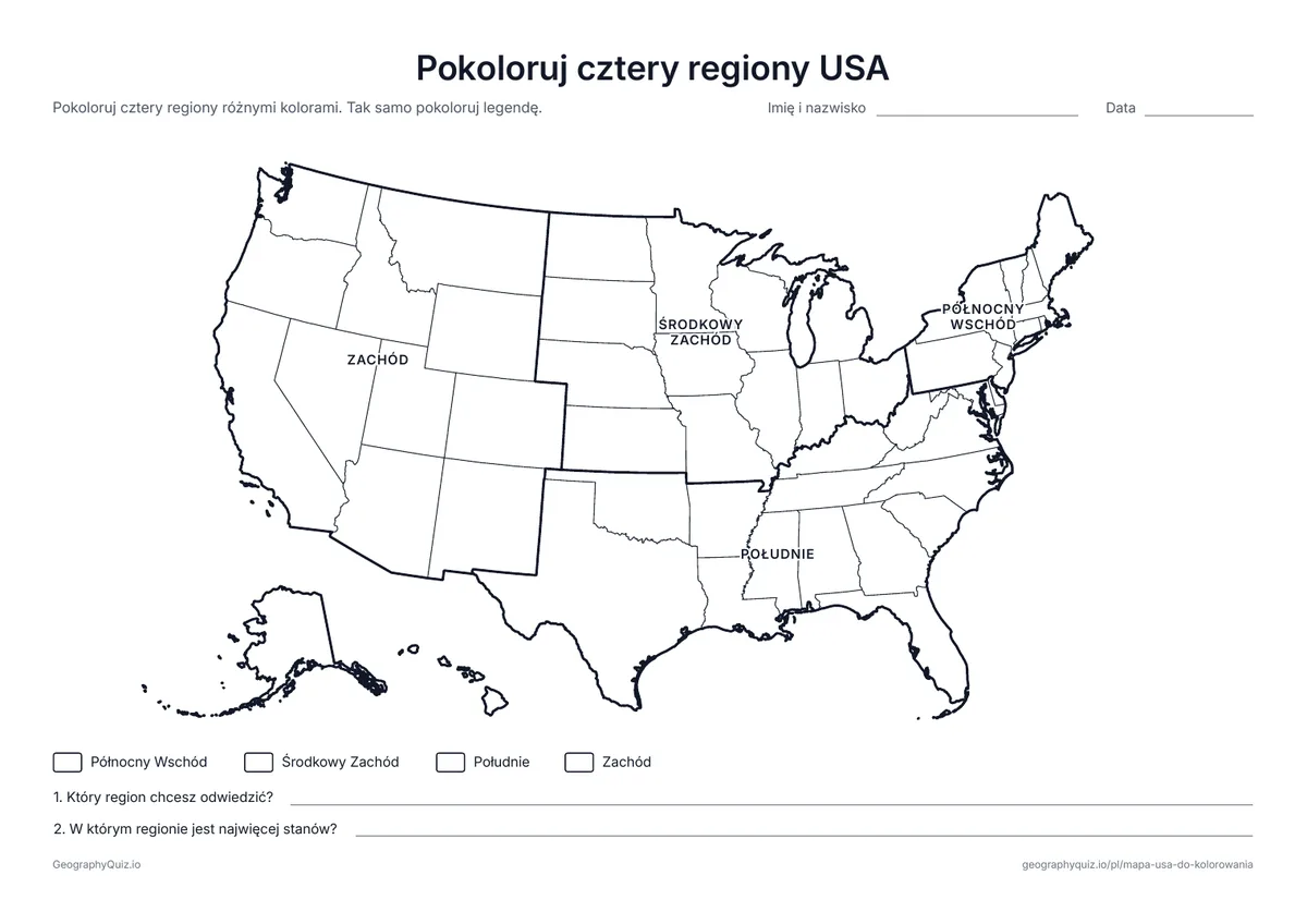 Podgląd karty pracy do druku „Pokoloruj cztery regiony USA”: Grube linie dzielą mapę na Północny Wschód, Środkowy Zachód, Południe i Zachód