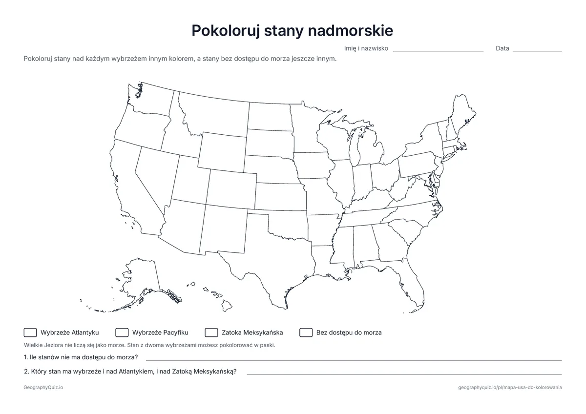 Podgląd karty pracy do druku „Pokoloruj stany nadmorskie”: Stany nad Atlantykiem, nad Pacyfikiem i nad Zatoką Meksykańską oraz stany bez dostępu do morza koloruje się różnymi kolorami