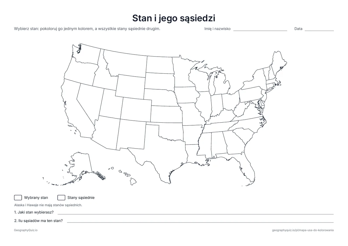 Podgląd karty pracy do druku „Stan i jego sąsiedzi”: Koloruje się wybrany stan i wszystkie stany sąsiednie oraz odpowiada na dwa pytania