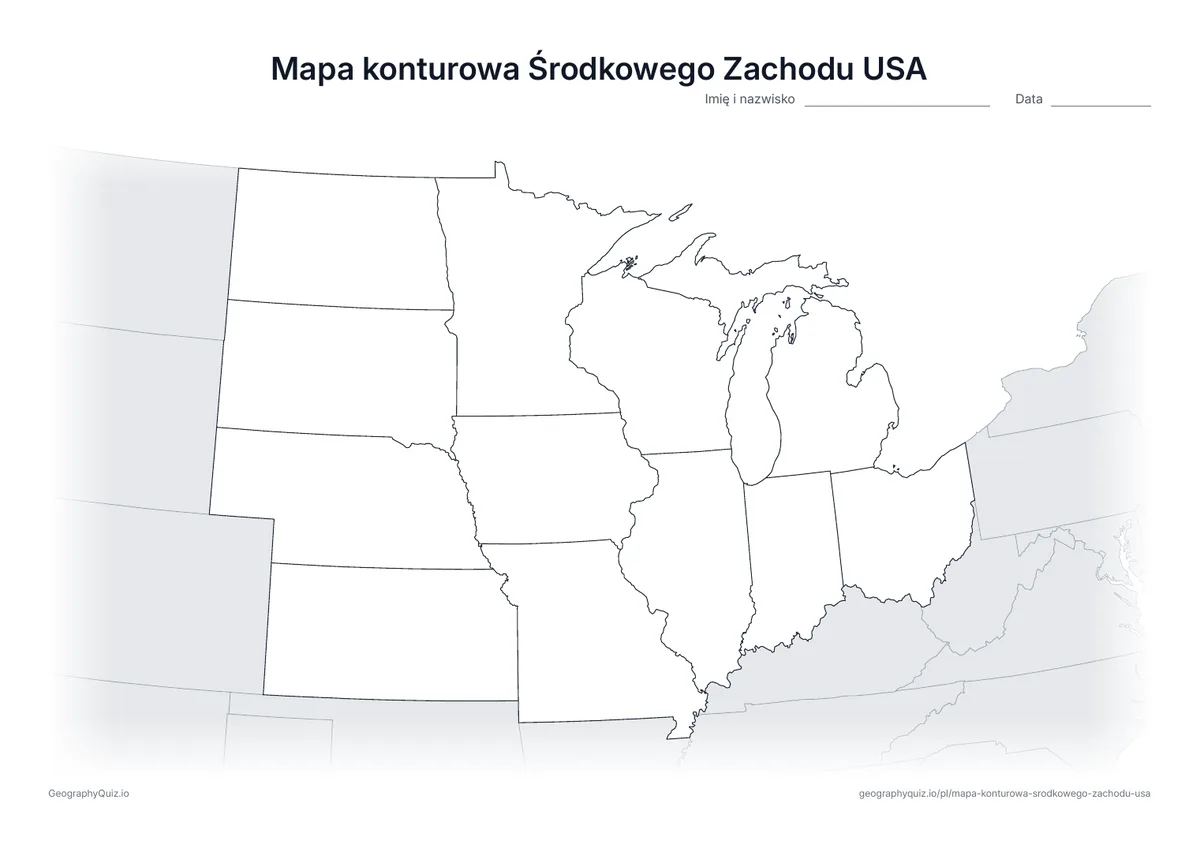 Podgląd karty pracy: mapa konturowa – Środkowy Zachód USA