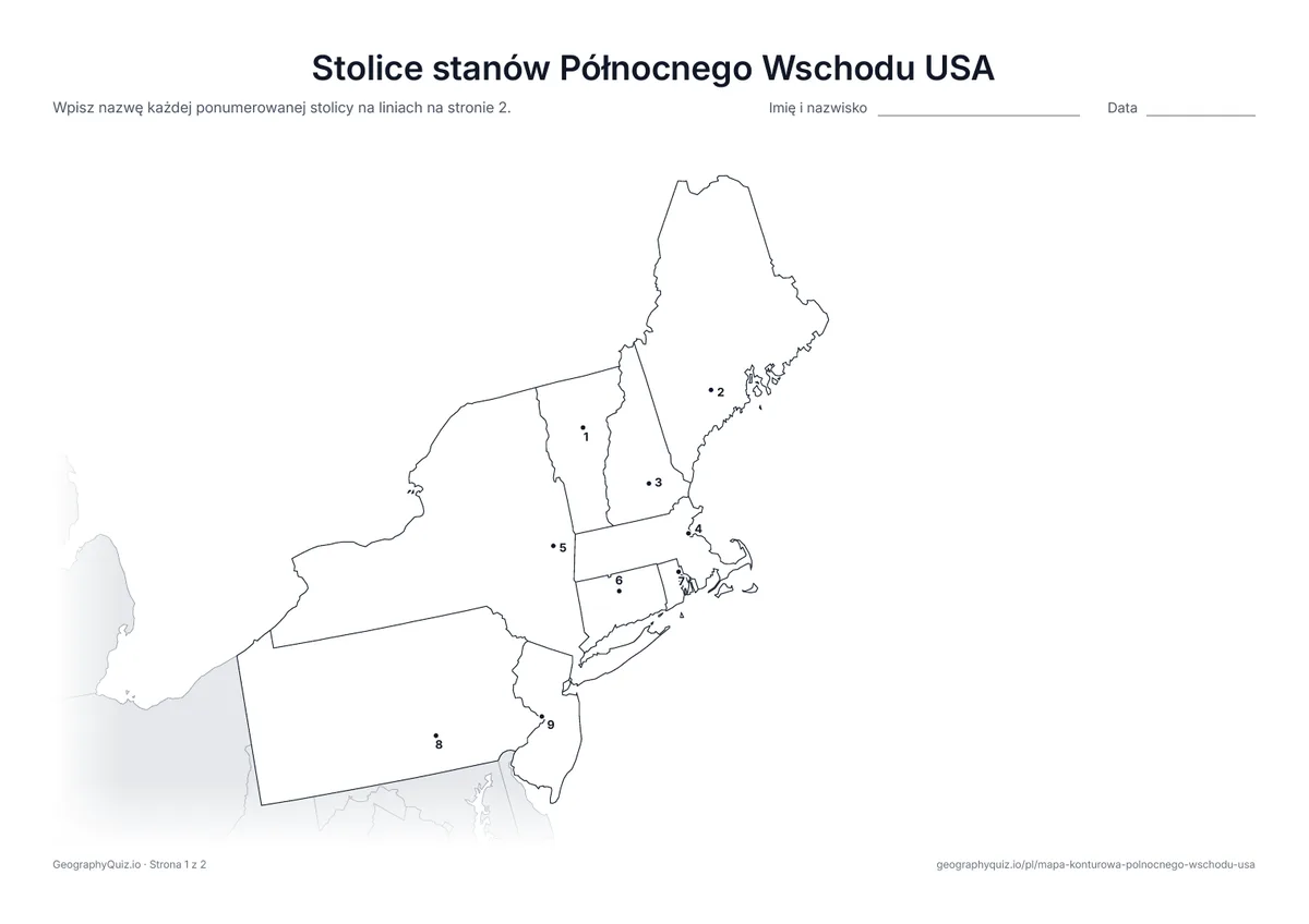 Podgląd karty pracy do druku „Stolice stanów Północnego Wschodu USA”: Każda stolica jest oznaczona ponumerowaną kropką