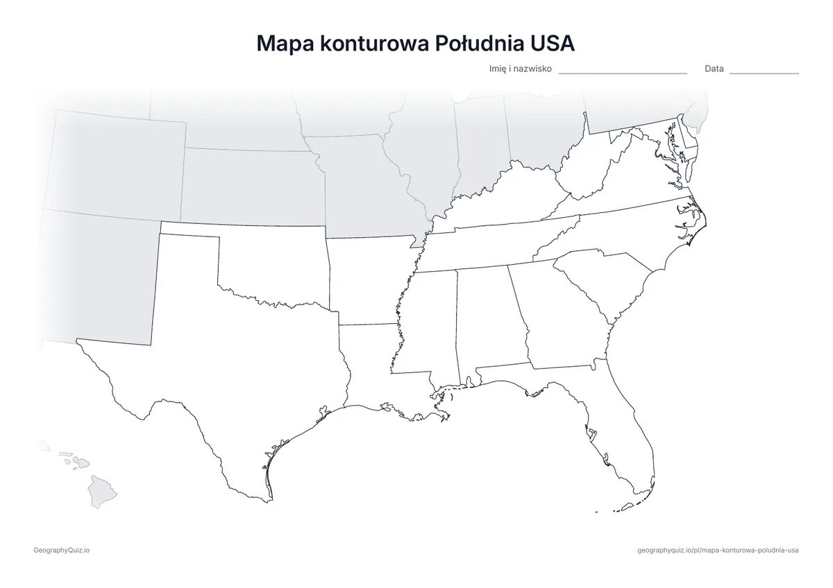 Podgląd karty pracy: mapa konturowa – Południe USA