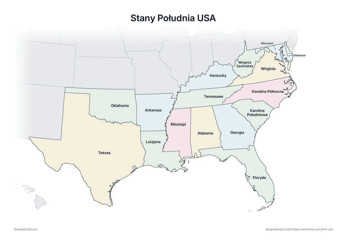 Podgląd karty pracy do druku „Stany Południa USA”: Ta sama mapa z nazwami wszystkich 16 stanów – do nauki, powtórki lub sprawdzania prac uczniów