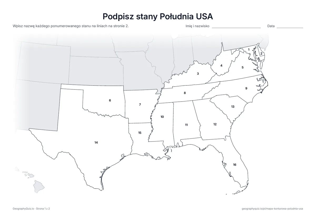 Podgląd karty pracy do druku „Podpisz stany Południa USA”: Mapa z numerami wszystkich 16 stanów