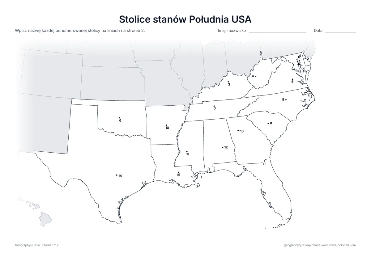 Podgląd karty pracy do druku „Stolice stanów Południa USA”: Każda stolica jest oznaczona ponumerowaną kropką