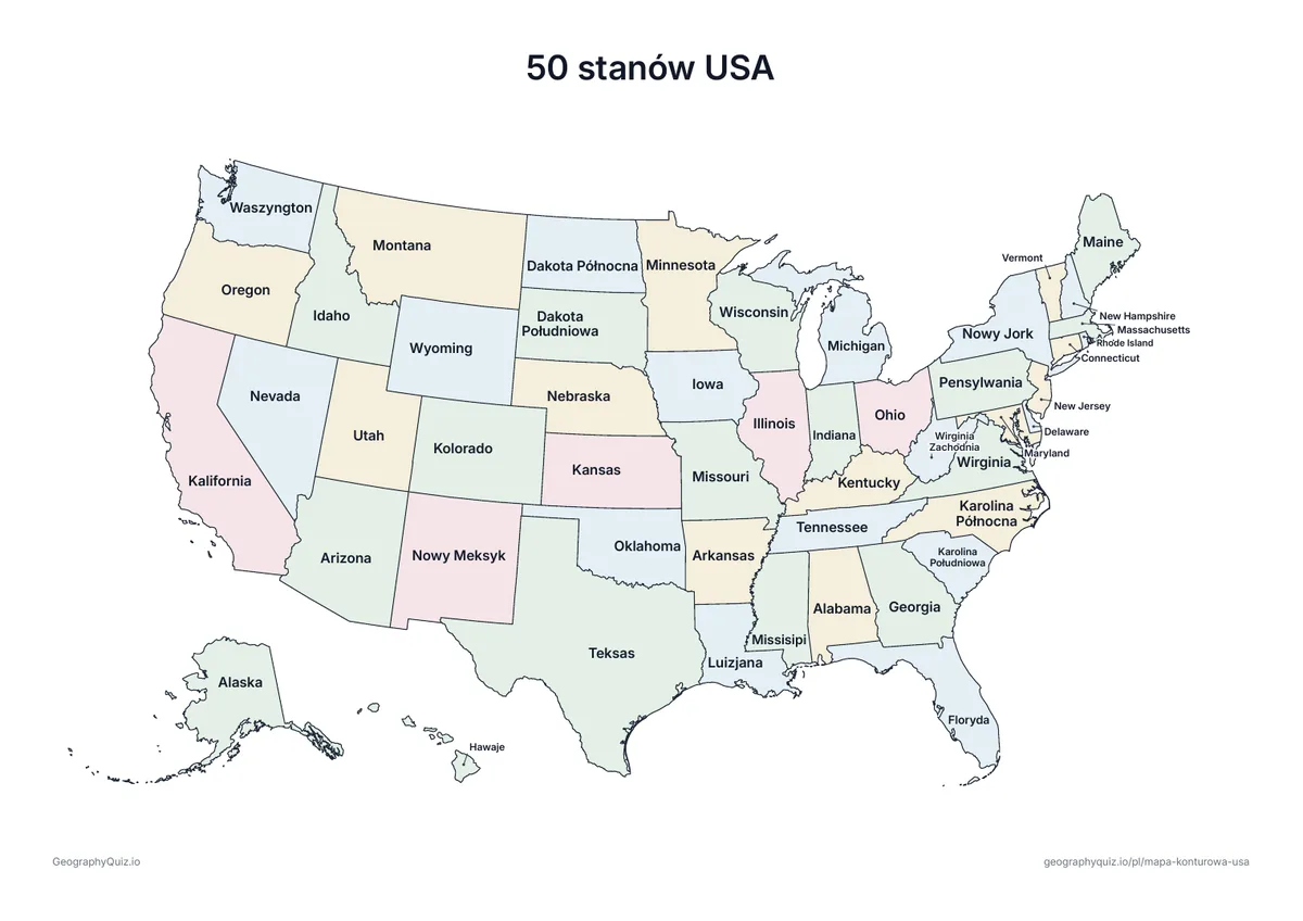 Podgląd karty pracy do druku „50 stanów USA”: Mapa USA z nazwami wszystkich stanów – jako karta poglądowa lub do sprawdzania prac uczniów