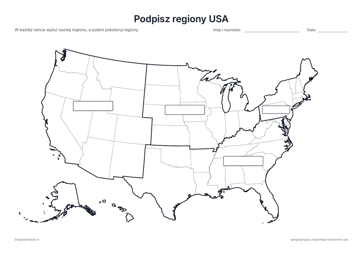 Podgląd karty pracy do druku „Podpisz regiony USA”: Grube linie wyznaczają cztery regiony, każdy z pustą ramką