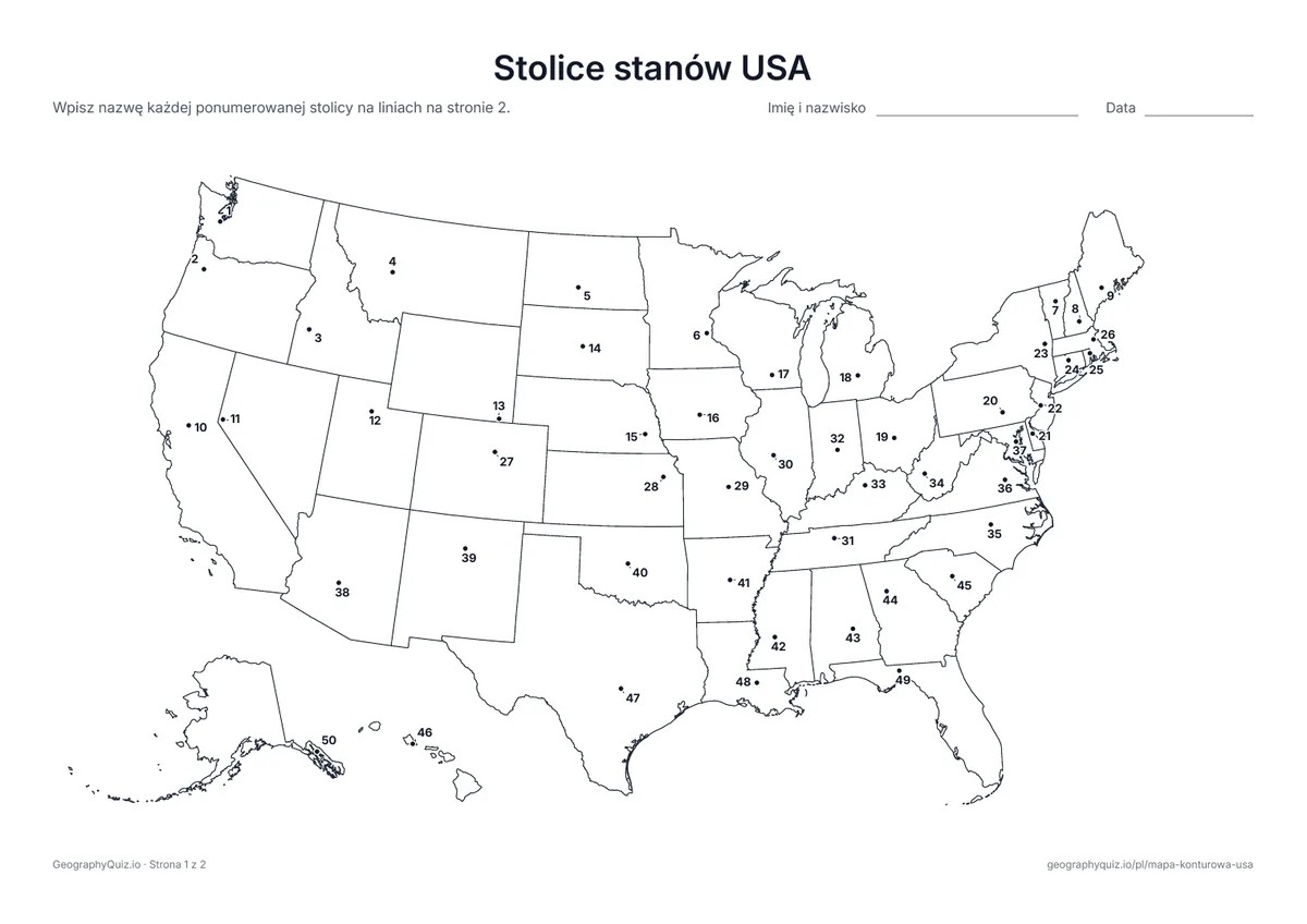 Podgląd karty pracy do druku „Stolice stanów USA”: Ponumerowana kropka oznacza stolicę każdego stanu