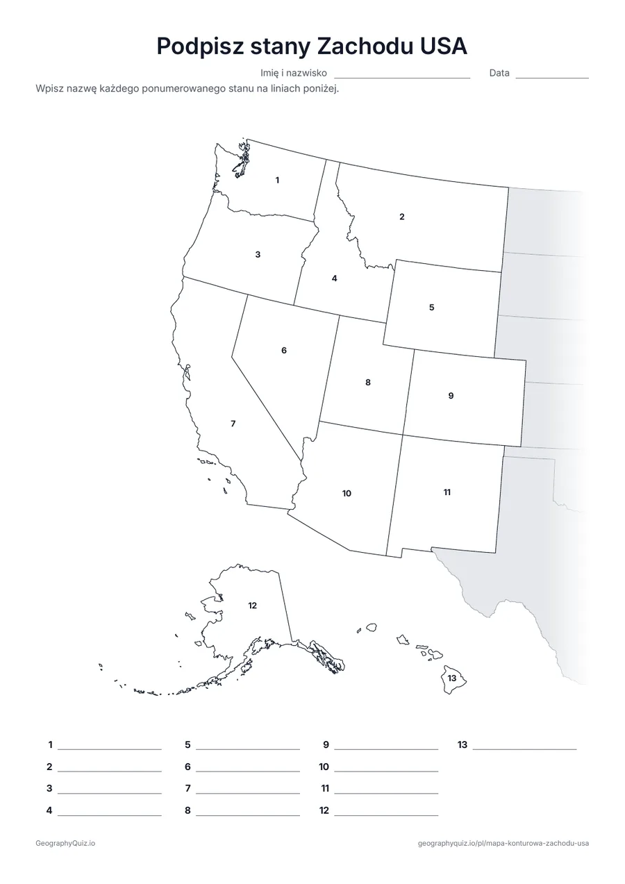 Podgląd karty pracy do druku „Podpisz stany Zachodu USA”: Mapa z numerami wszystkich 13 stanów