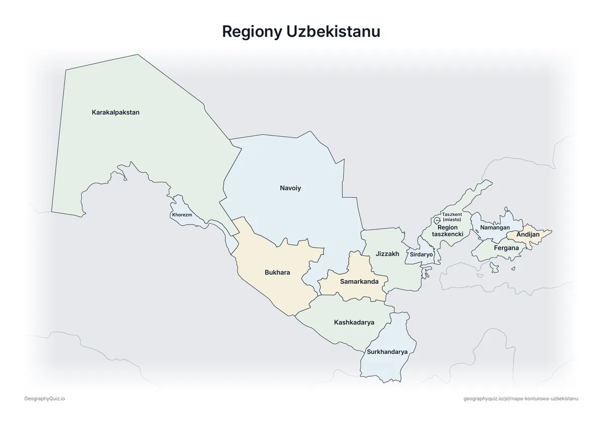 Podgląd karty pracy do druku „Regiony Uzbekistanu”: Mapa Uzbekistanu ze wszystkimi nazwami – karta poglądowa na lekcję i do sprawdzania odpowiedzi