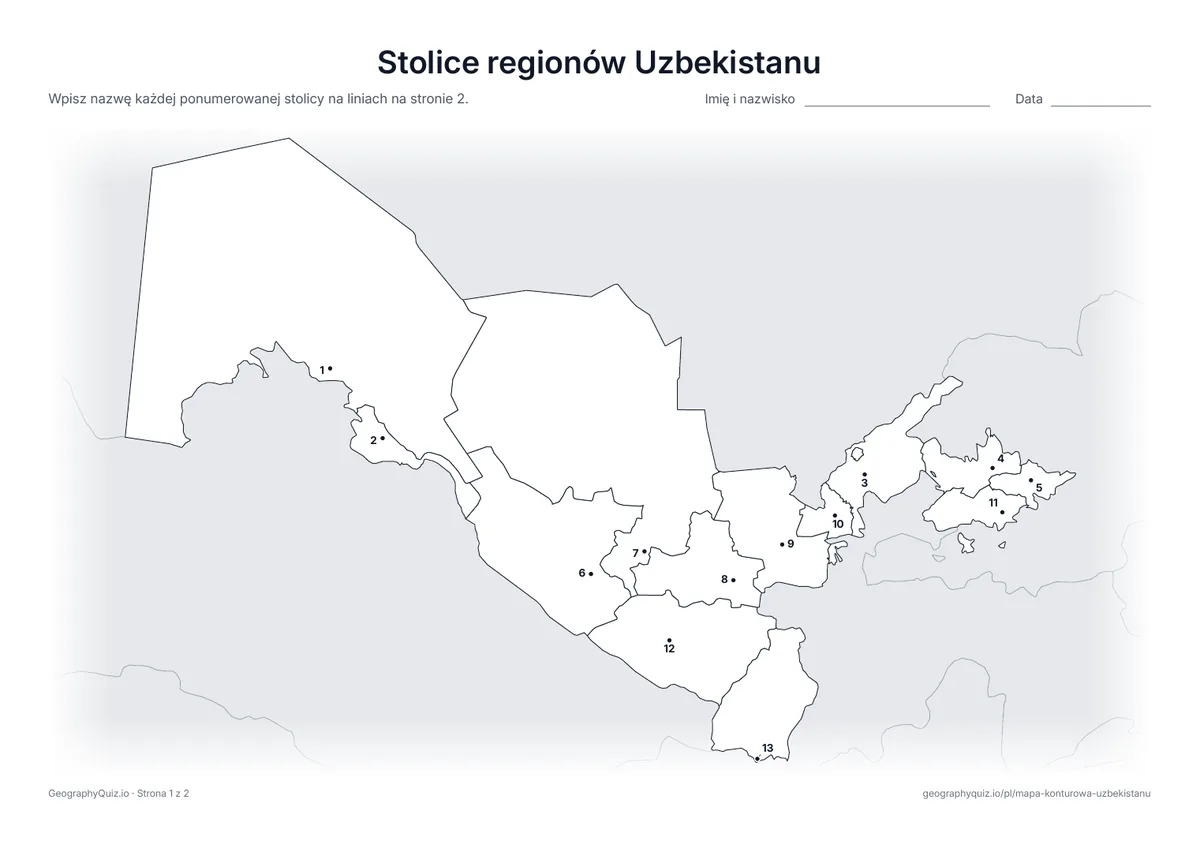 Podgląd karty pracy do druku „Stolice regionów Uzbekistanu”: Stolica każdego regionu i Karakałpacji jest oznaczona ponumerowaną kropką, od Nukusu po Termez