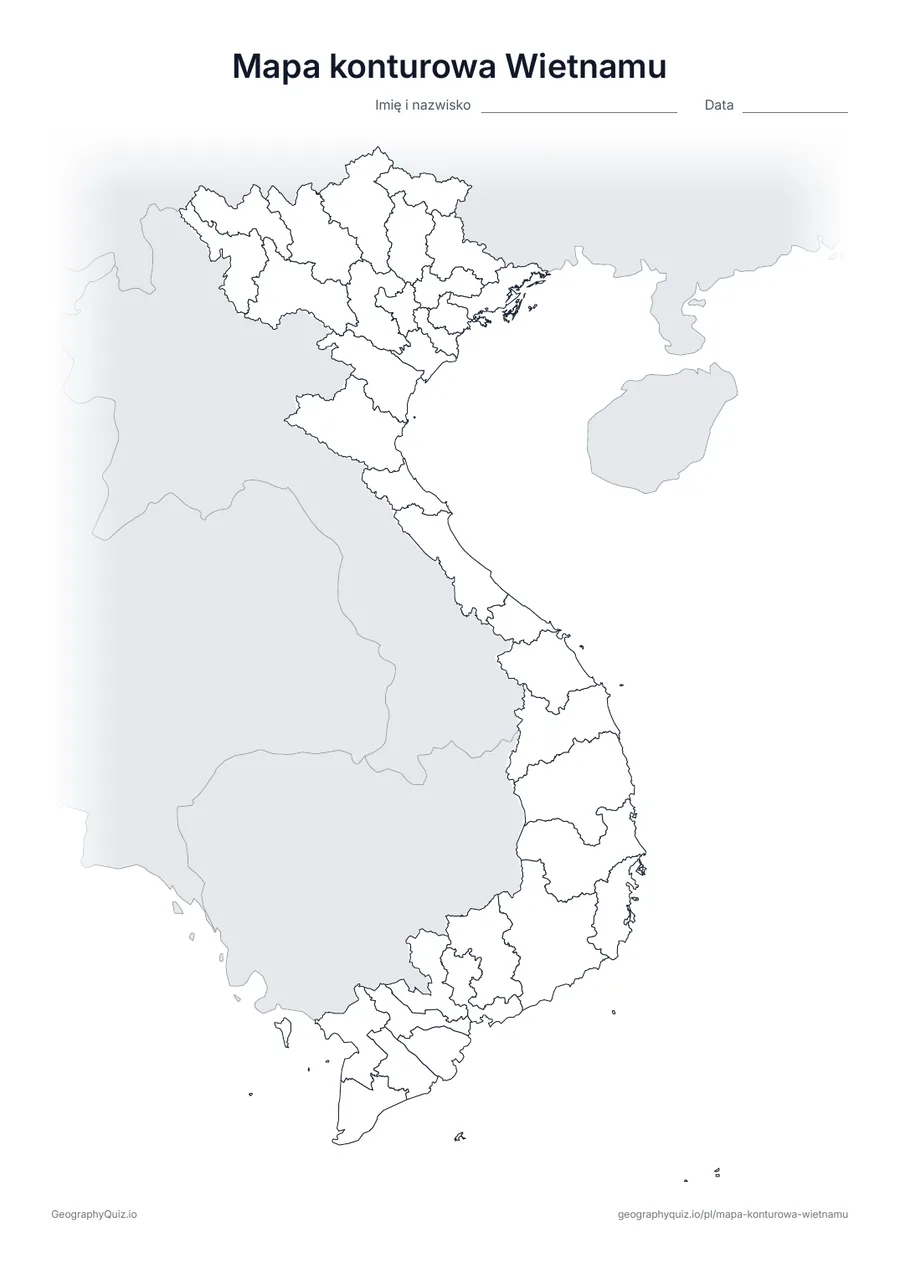 Podgląd karty pracy do druku „Mapa konturowa Wietnamu”: Mapa konturowa Wietnamu z granicami wszystkich 28 prowincji i 6 miast; państwa sąsiednie są zacieniowane na szaro