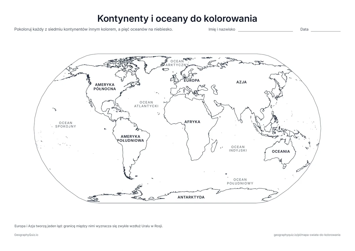 Podgląd karty pracy do druku „Kontynenty i oceany do kolorowania”: Siedem kontynentów i pięć oceanów ma nazwy na mapie
