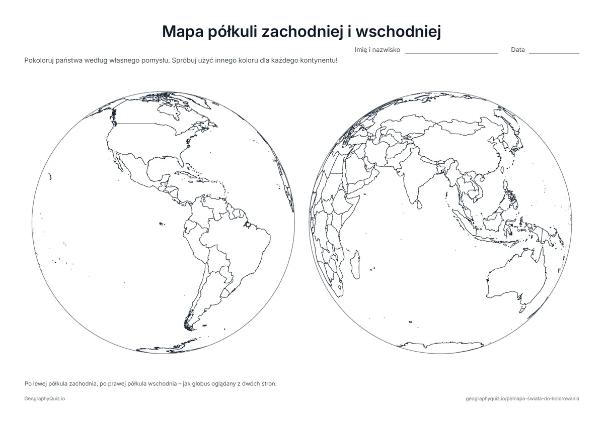 Podgląd karty pracy do druku „Mapa półkuli zachodniej i wschodniej”: Dwa globusy obok siebie: na jednym Ameryka, na drugim Europa, Afryka, Azja i Australia
