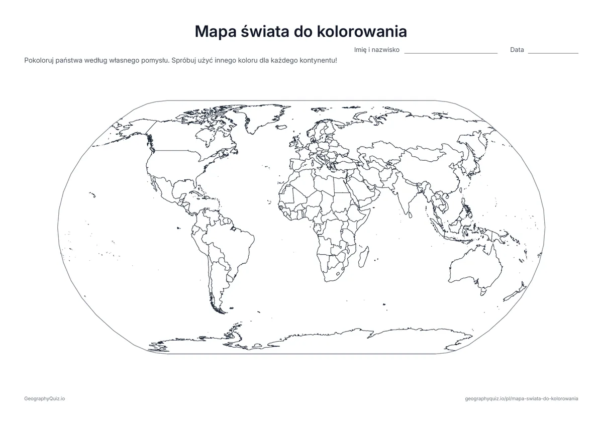 Podgląd karty pracy do druku „Mapa świata do kolorowania”: Mapa świata ze wszystkimi państwami, bez nazw: pokoloruj państwa według własnego pomysłu