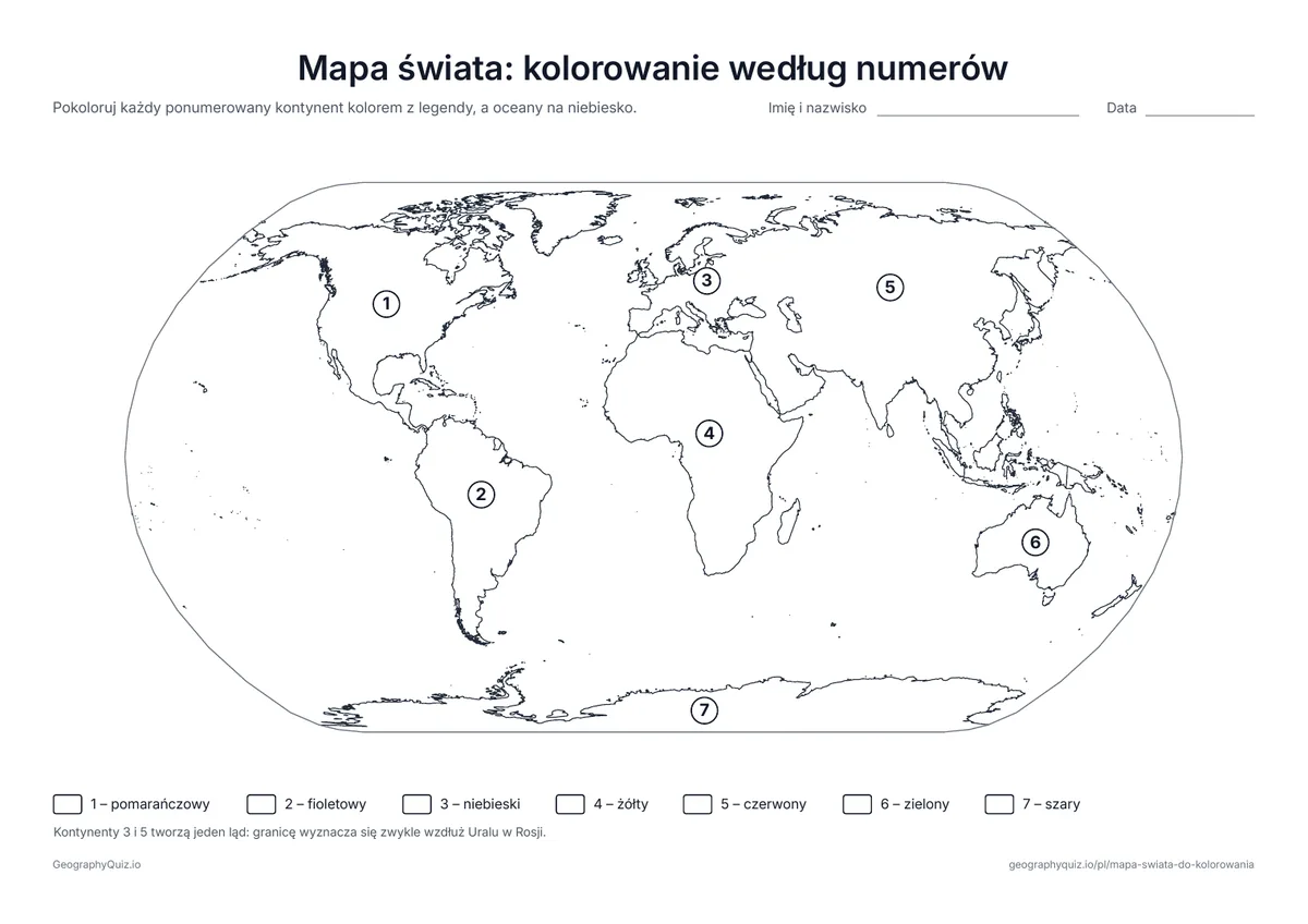 Podgląd karty pracy do druku „Mapa świata: kolorowanie według numerów”: Każdy kontynent ma numer od 1 do 7 i koloruje się go właściwym kolorem z legendy