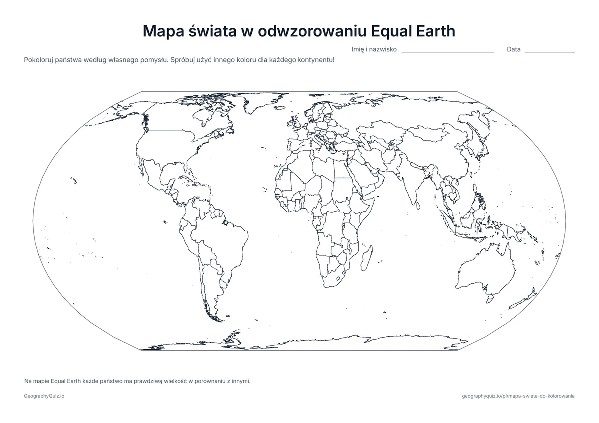 Podgląd karty pracy do druku „Mapa świata w odwzorowaniu Equal Earth”: Odwzorowanie Equal Earth pokazuje każde państwo w jego prawdziwej wielkości w porównaniu z innymi