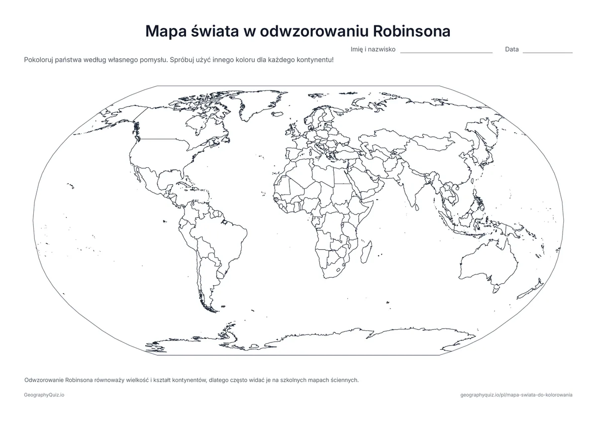 Podgląd karty pracy do druku „Mapa świata w odwzorowaniu Robinsona”: Świat w odwzorowaniu Robinsona, popularnym na szkolnych mapach ściennych, bo równoważy wielkość i kształt kontynentów
