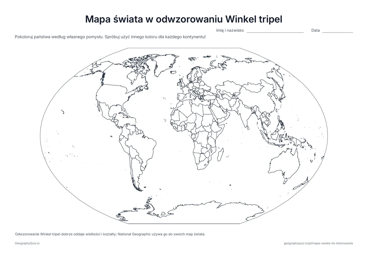 Podgląd karty pracy do druku „Mapa świata w odwzorowaniu Winkel tripel”: Świat w odwzorowaniu Winkel tripel, którego National Geographic używa do swoich map świata
