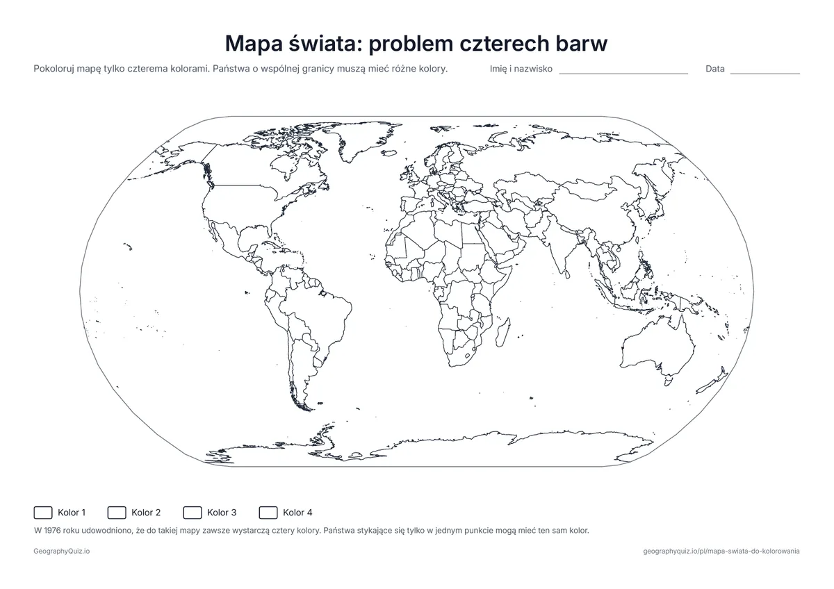 Podgląd karty pracy do druku „Mapa świata: problem czterech barw”: Pokoloruj wszystkie państwa tylko czterema kolorami tak, by żadne dwa sąsiednie nie miały tego samego – łamigłówka ze słynnym twierdzeniem matematycznym w tle