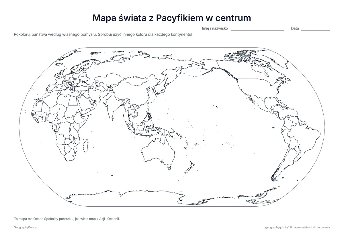 Podgląd karty pracy do druku „Mapa świata z Pacyfikiem w centrum”: Świat z Oceanem Spokojnym pośrodku, tak jak pokazuje go wiele map z Azji i Oceanii