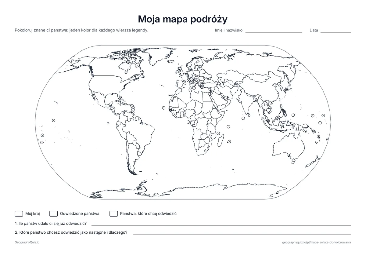 Podgląd karty pracy do druku „Moja mapa podróży”: Pokoloruj swój kraj, państwa, które udało ci się odwiedzić, i te, które chcesz odwiedzić, a potem odpowiedz na dwa pytania