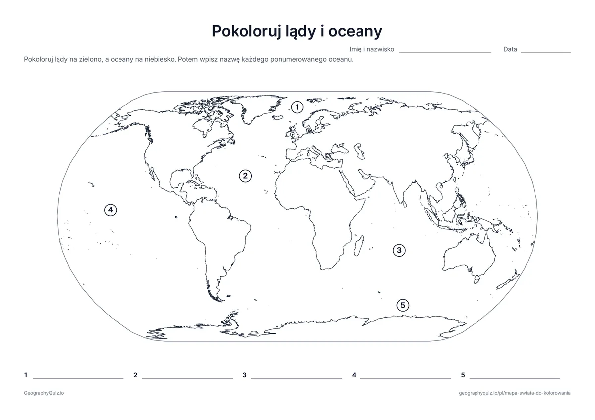 Podgląd karty pracy do druku „Pokoloruj lądy i oceany”: Pokoloruj lądy na zielono, a wodę na niebiesko i wpisz nazwę każdego ponumerowanego oceanu