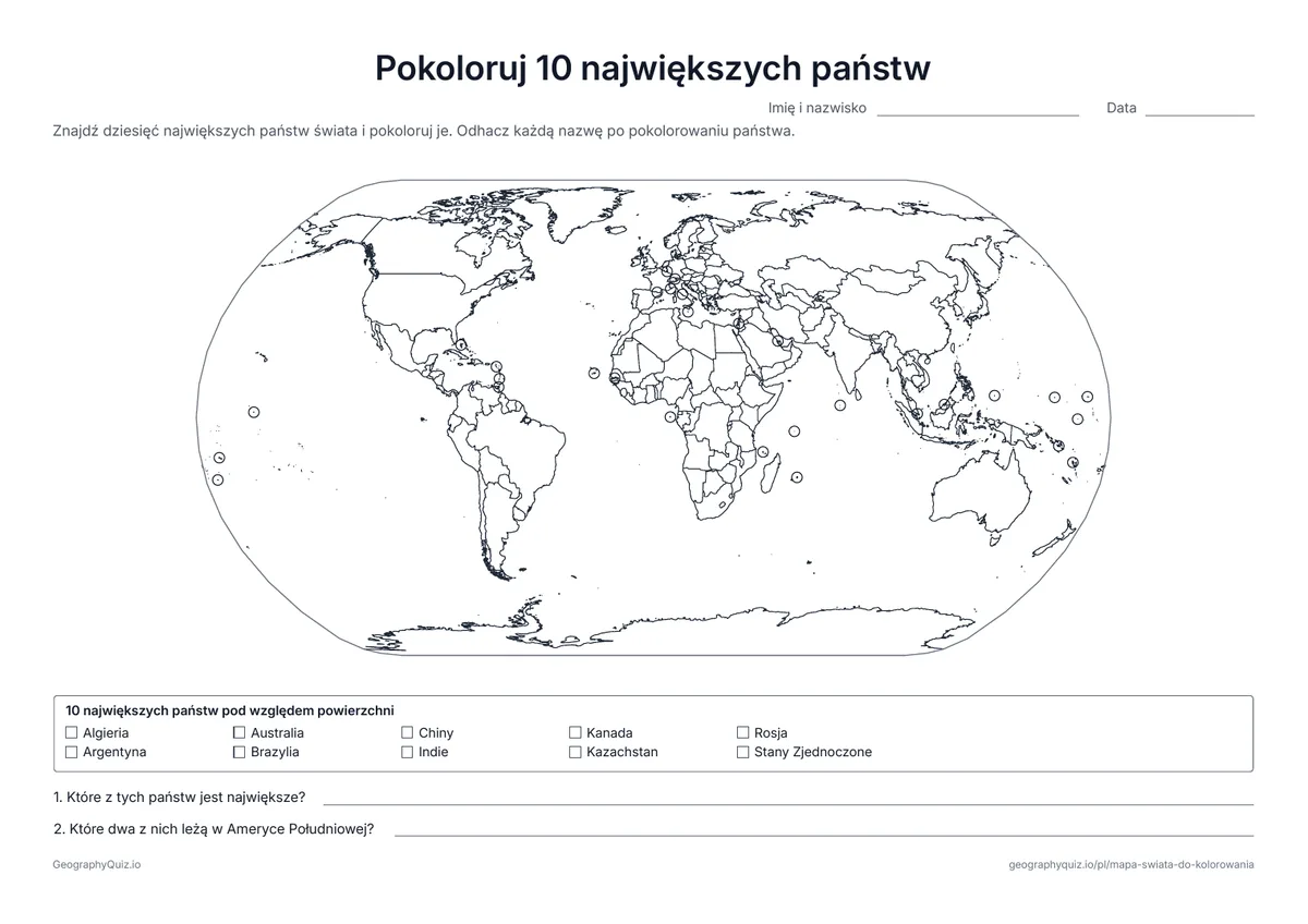 Podgląd karty pracy do druku „Pokoloruj 10 największych państw”: Mapa świata ze wszystkimi granicami i listą dziesięciu państw o największej powierzchni