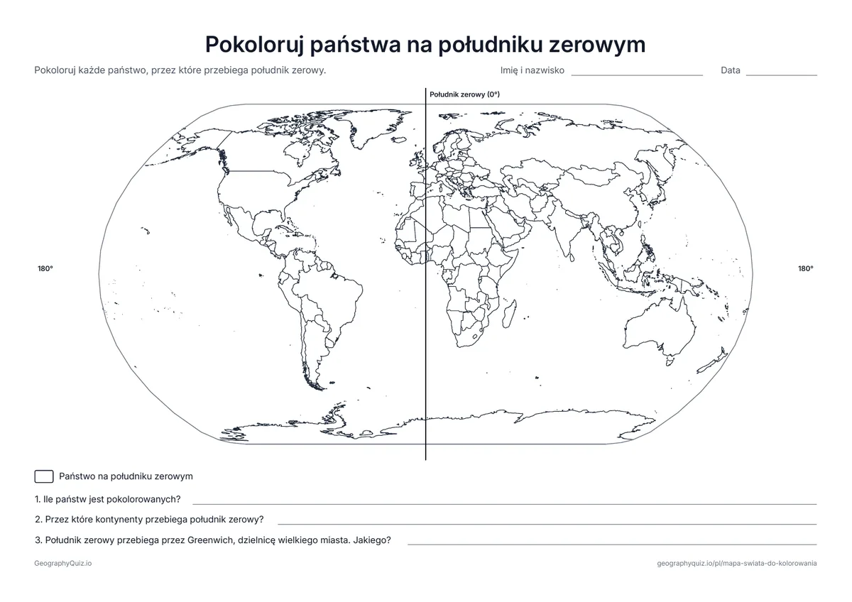 Podgląd karty pracy do druku „Pokoloruj państwa na południku zerowym”: Południk zerowy biegnie przez mapę od bieguna do bieguna