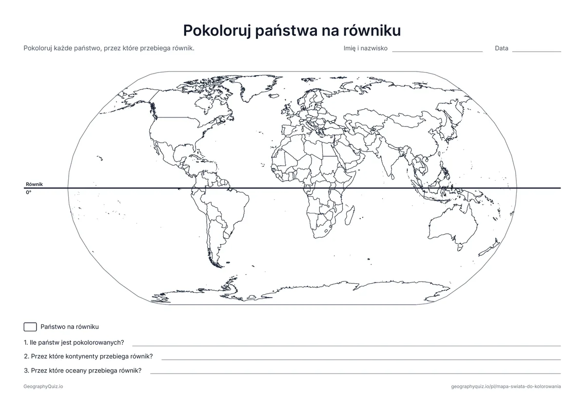 Podgląd karty pracy do druku „Pokoloruj państwa na równiku”: Równik jest narysowany