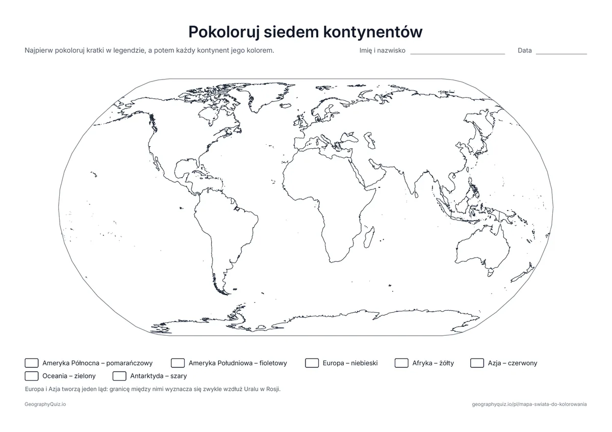Podgląd karty pracy do druku „Pokoloruj siedem kontynentów”: Mapa siedmiu kontynentów z legendą kolorów: najpierw koloruje się legendę, potem każdy kontynent