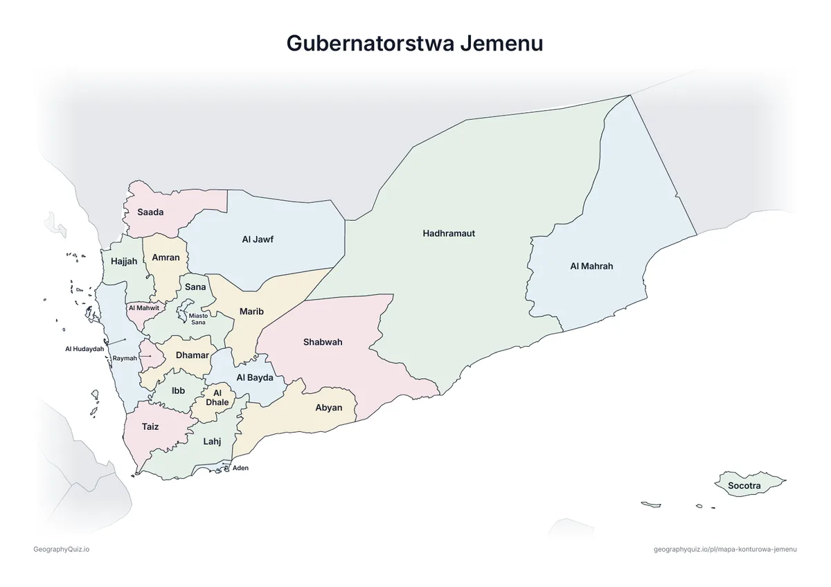 Podgląd karty pracy do druku „Gubernatorstwa Jemenu”: Mapa Jemenu ze wszystkimi nazwami – karta poglądowa na lekcję i do sprawdzania odpowiedzi