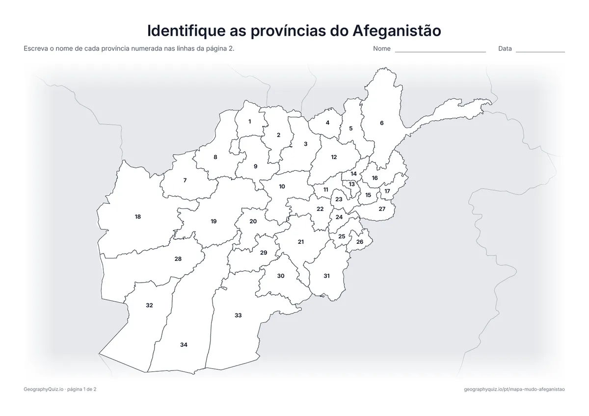 Prévia da atividade para imprimir: Identifique as províncias do Afeganistão