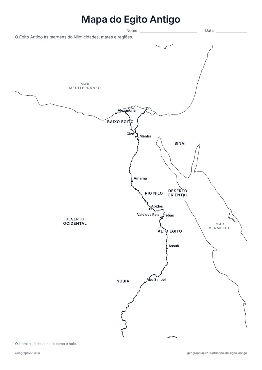 Prévia da atividade para imprimir: Mapa do Egito Antigo: Alexandria, Gizé, Mênfis, Tebas, o Vale dos Reis, Abu Simbel e mais, com os mares, o Nilo e o Alto e o Baixo Egito