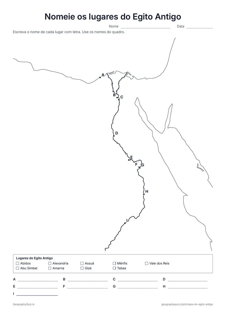 Prévia da atividade para imprimir: Nomeie os lugares do Egito Antigo: Nove lugares com letra às margens do Nilo, de Alexandria a Abu Simbel