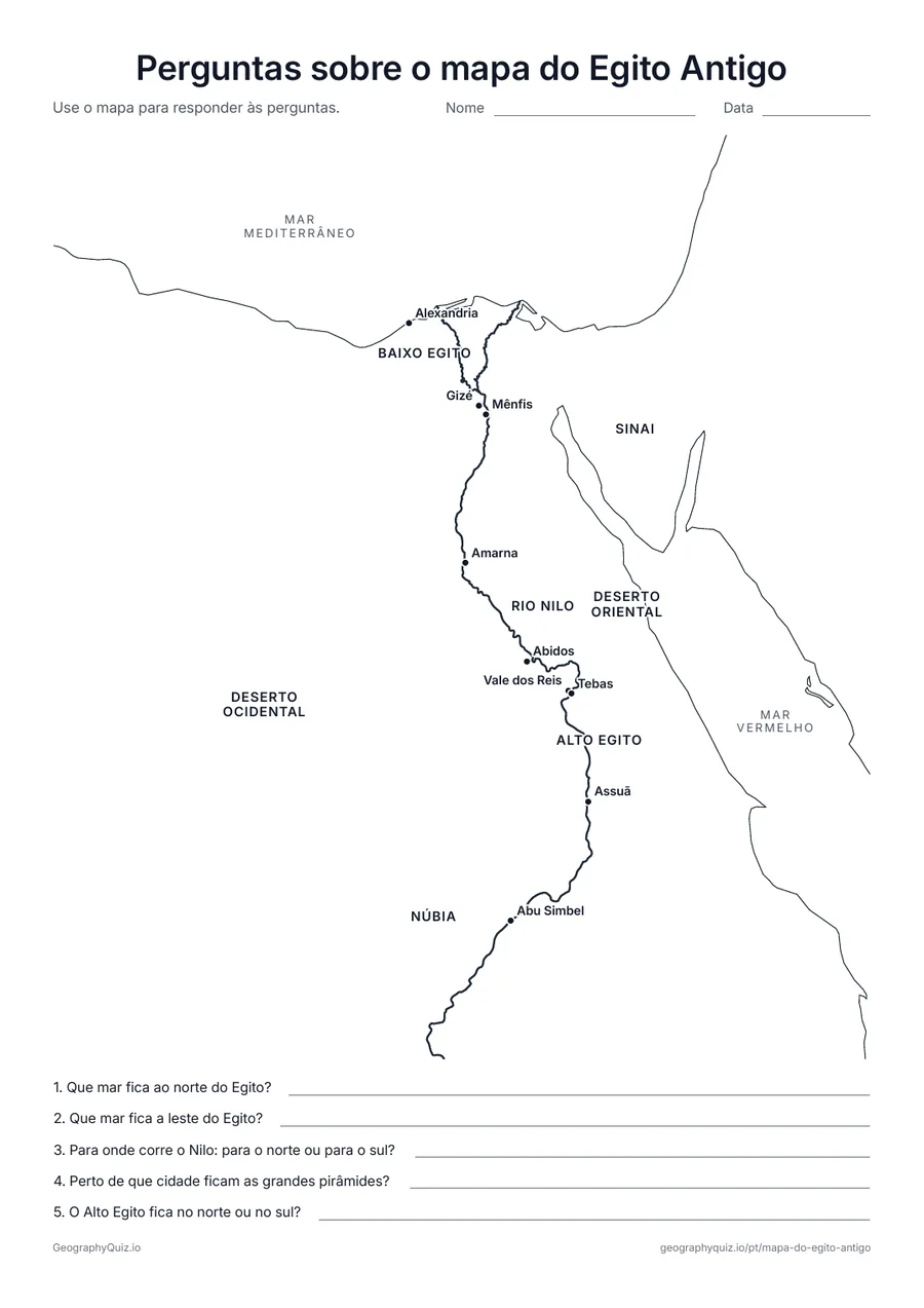 Prévia da atividade para imprimir: Perguntas sobre o mapa do Egito Antigo: Um mapa com nomes e cinco perguntas sobre os mares, o Nilo, as pirâmides e o Alto e o Baixo Egito
