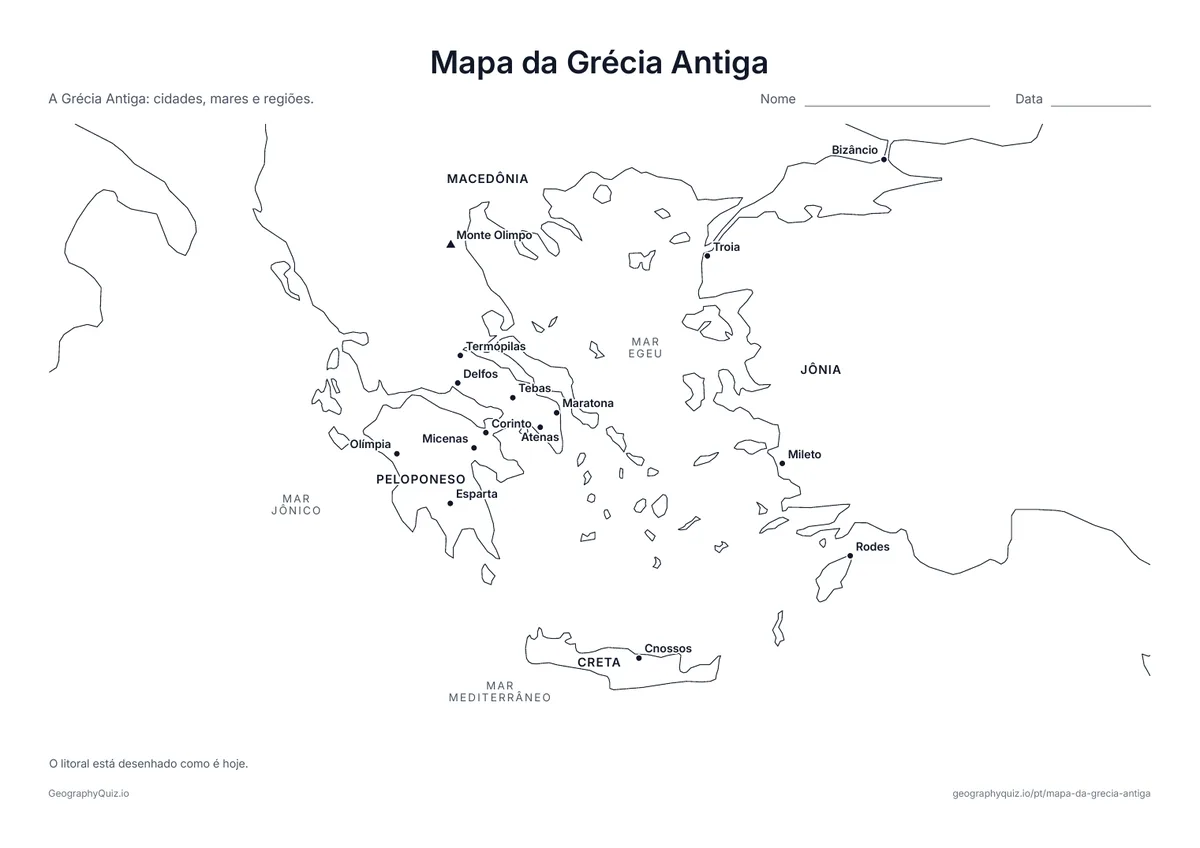 Prévia da atividade para imprimir: Mapa da Grécia Antiga: Atenas, Esparta, Maratona, Delfos, Olímpia, Cnossos, Troia e outros lugares, com o monte Olimpo, os mares e as regiões