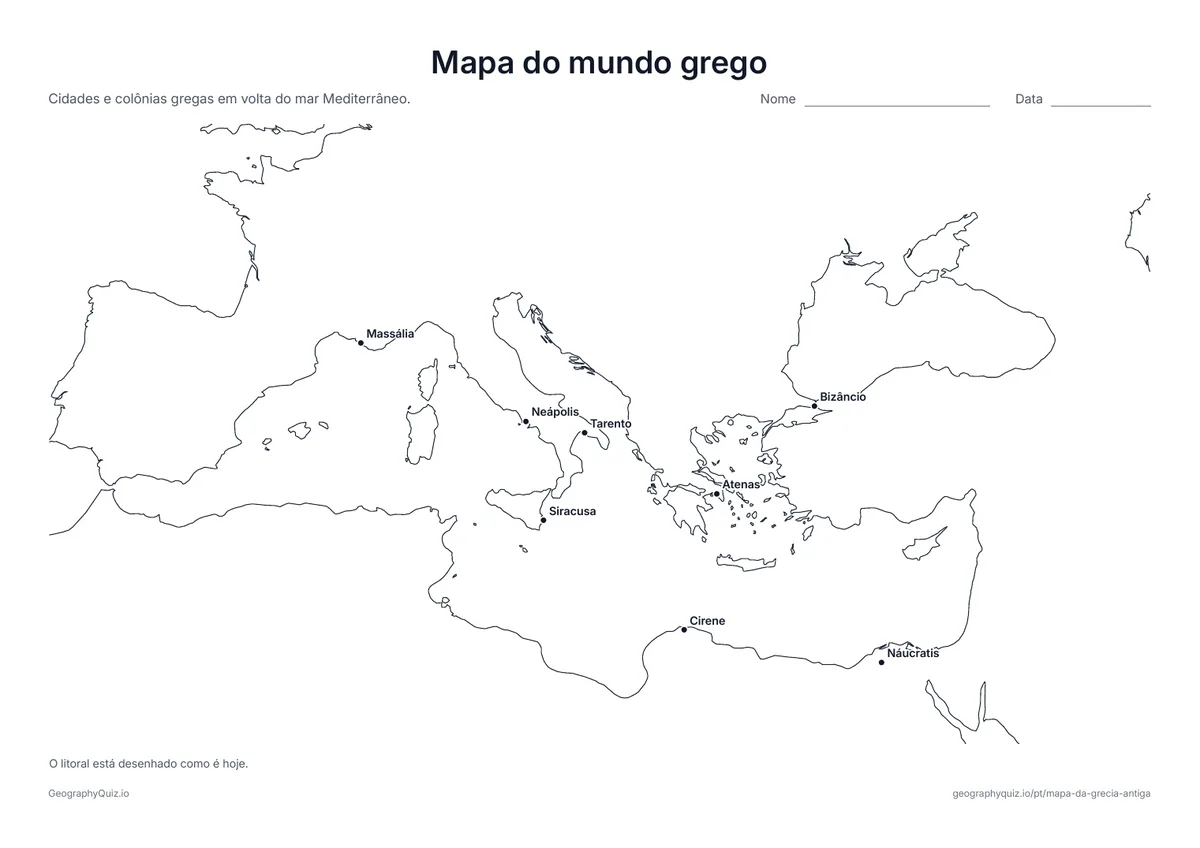 Prévia da atividade para imprimir: Mapa do mundo grego: Cidades e colônias gregas em volta do Mediterrâneo, de Massália no oeste a Bizâncio no leste