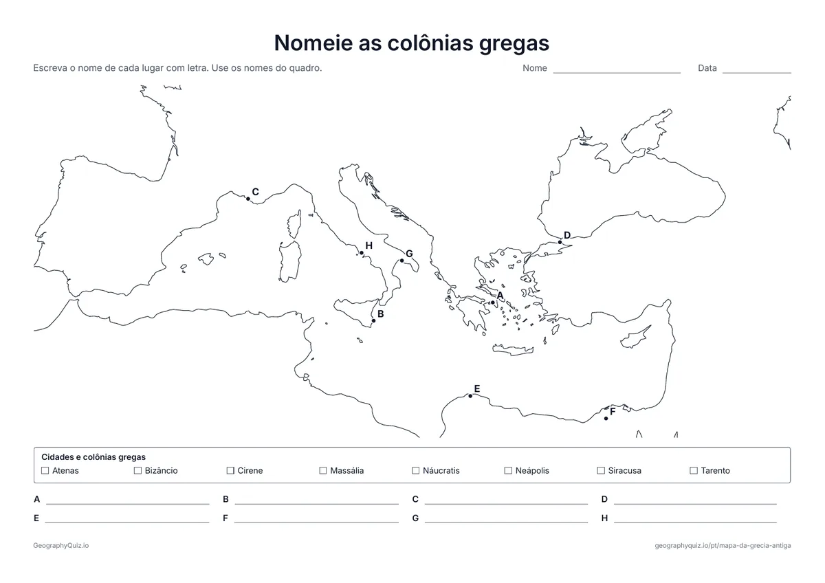 Prévia da atividade para imprimir: Nomeie as colônias gregas: Oito cidades com letra em volta do Mediterrâneo