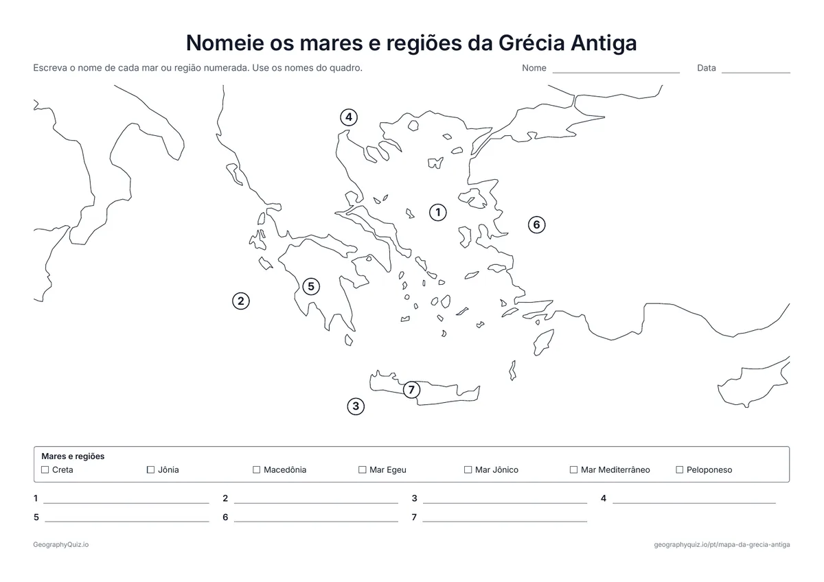 Prévia da atividade para imprimir: Nomeie os mares e regiões da Grécia Antiga: Os alunos nomeiam os mares Egeu, Jônico e Mediterrâneo e as regiões da Macedônia, do Peloponeso, da Jônia e de Creta