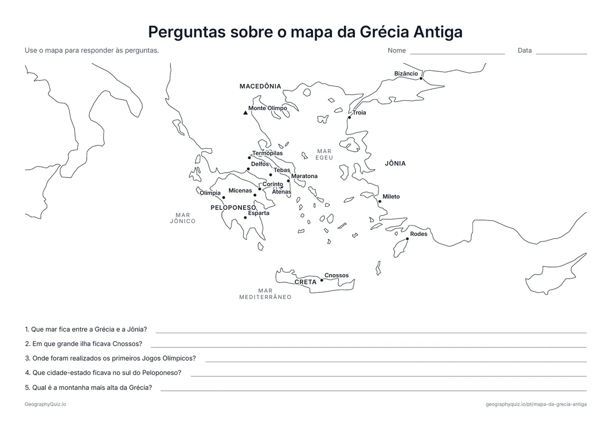 Prévia da atividade para imprimir: Perguntas sobre o mapa da Grécia Antiga: Um mapa com nomes e cinco perguntas sobre os Jogos Olímpicos, Esparta, Cnossos, o Olimpo e o mar Egeu