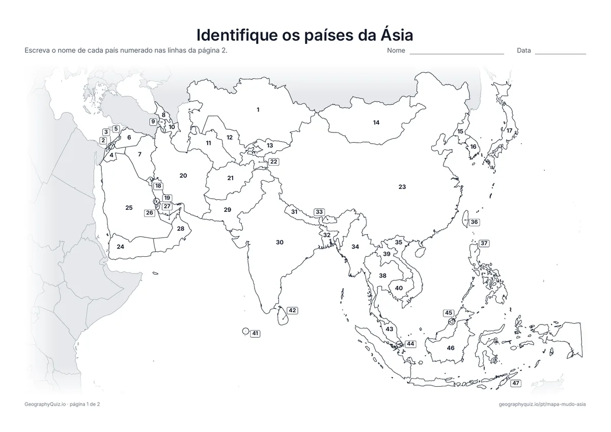 Prévia da atividade para imprimir: Identifique os países da Ásia