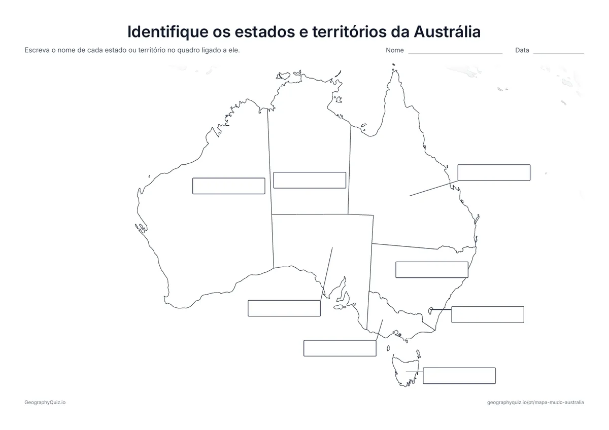 Prévia da atividade para imprimir: Identifique os estados e territórios da Austrália