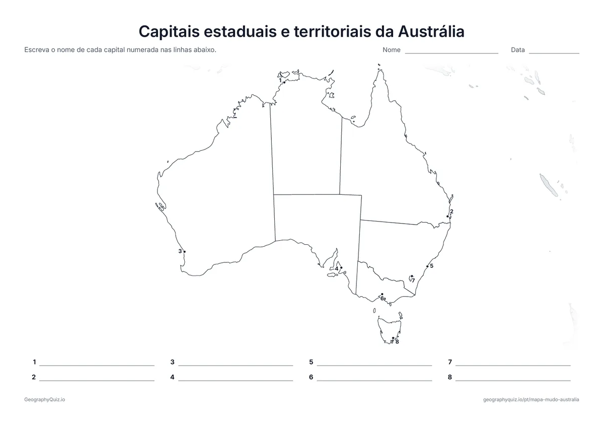 Prévia da atividade para imprimir: Capitais estaduais e territoriais da Austrália