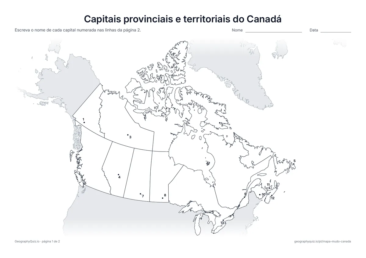 Prévia da atividade para imprimir: Capitais provinciais e territoriais do Canadá