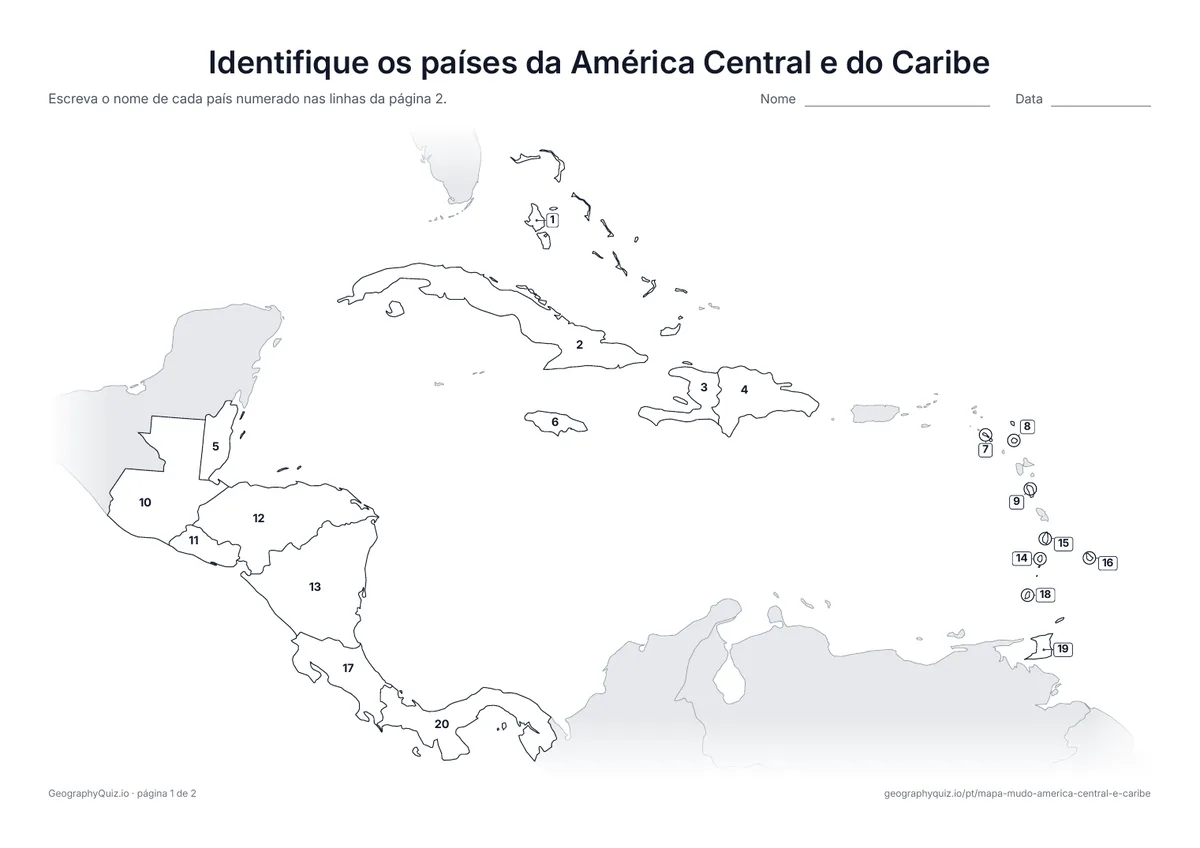 Prévia da atividade para imprimir: Identifique os países da América Central e do Caribe