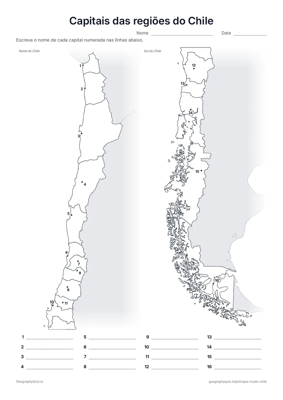 Prévia da atividade para imprimir: Capitais das regiões do Chile