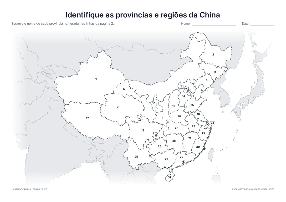 Prévia da atividade para imprimir: Identifique as províncias e regiões da China